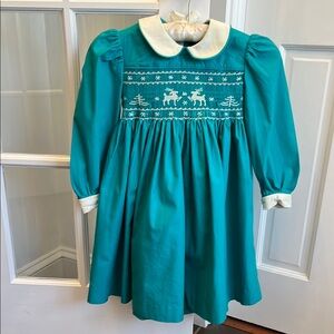 Vintage Handmade Teal Dress with Smocked Reindeer Estimated sz 4-6